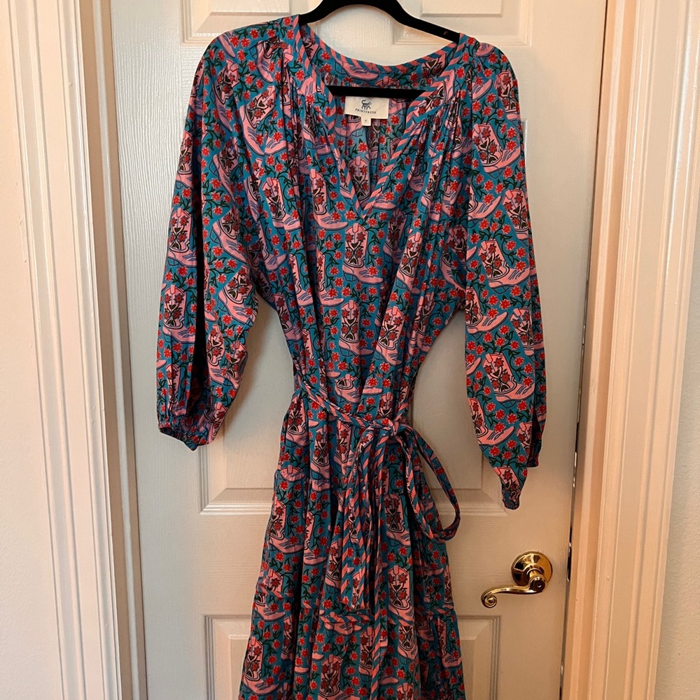Printfresh Cowgirl Boot Blue and Pink Sundress with Sleeves